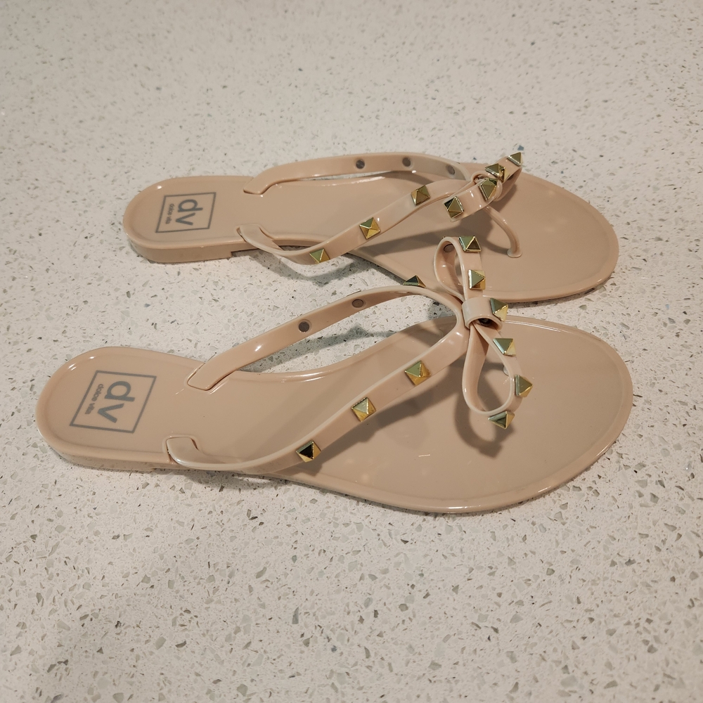 DV by Dolce Vita Tan Gold Sandals with Studded Bow Design